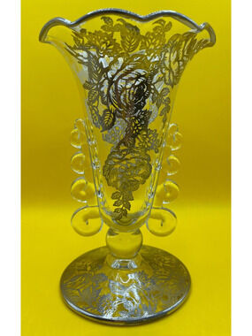 Vintage 1940s Heisey Glass Lariat Crimped Top Vase With Silver Overlay Roses